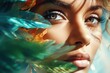  photography of beautiful woman and the spectacular colourful nature,withl big green eyes