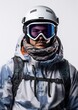 © Simona - A young man with a helmet and ski goggles, snowy mountains in the background. Generative AI.