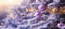 Close Up Christmas Tree In Winter Snow Fall Evening Decorated With Gold And Purple Christmas Globes, Xmas And New Year Background Wallpaper, Generative Ai