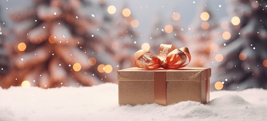 Wall Mural - closeup gold gift box and Christmas tree in winter snow fall night decorated with ribbon, Xmas and new year bokeh light background wallpaper with copy space, Generative Ai