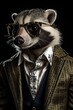 Raccoon dressed in a casual modern suit. Fashion portrait of an anthropomorphic animal posing with a charismatic human attitude