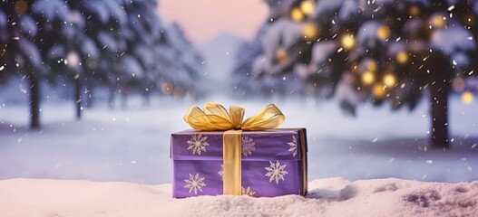 Wall Mural - closeup purple gift box and Christmas tree in winter snow fall night decorated with ribbon, Xmas and new year bokeh light background wallpaper with copy space, Generative Ai