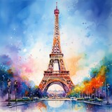 Fototapeta Paryż - Vibrant Watercolor Eiffel Tower