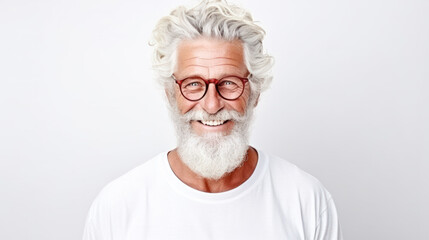 Wall Mural - Portrait of handsome bearded elderly man keeps self confident cheerful expression at camera wears formal shirt and spectacles for vision correction isolated on white wall