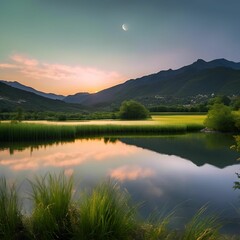 Wall Mural - A majestic scene of a crescent moon descending over a lush valley of tall grass and a tranquil lake