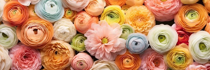 Canvas Print - Panoramic View of a Colorful Mixof Roses and Ranunculus 