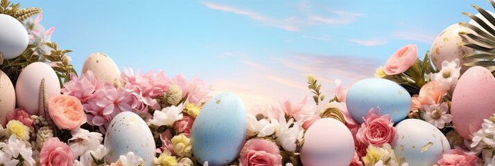 Sticker - Easter eggs in floral nest on blue sky background 