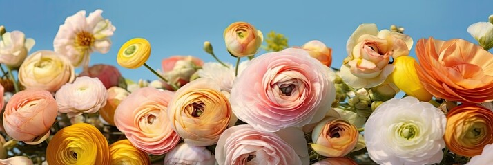 Poster - Pink Ranunculus flowers bloom on blue sky.