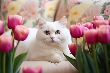 Wall Mural - Elegant White Cat Amidst a Bed of Red Tulips