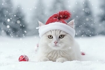 Wall Mural - An adorable white cat wearing a Santa hat, sitting in the snow. The festive hat and snowy background create a cheerful holiday atmosphere, perfect for a Christmas card.