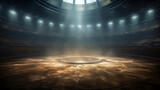 Fototapeta  - Empty stadium or stage with spotlights and smoke, 3d rendering toned image. Arena, lighting effect in the dark. Computer digital drawing.