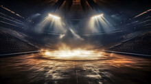Empty Stadium Or Stage With Spotlights And Smoke, 3d Rendering Toned Image. Arena, Lighting Effect In The Dark. Computer Digital Drawing.