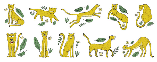 Poster - Cute yellow leopard, icons collection. Nice animal character for various prints and designs. Vector illustration in flat style