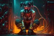 © Олег Фадеев - Portrait of a girl with tattoos on her body and in a gas mask sitting on the floor in a nightclub