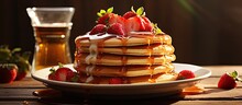 On a bright morning a mouthwatering breakfast was served on a plate delicious strawberry pancakes covered with syrup made the scene even tastier