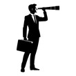 Businessman looking telescope silhouette. Forecast, vision in business concept. Vector illustration