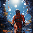 an astronaut in an orange suit near a waterfall, in the style of realistic landscapes with soft, tonal colors, dark reflections, highly realistic, fluid landscapes.
