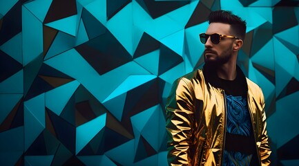 Wall Mural - Gentleman wearing black  glasses on luxury green background , Beautiful fictional male  model in colorful stylish fashion clothes and sunglasses