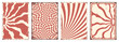 Groovy hippie 70s backgrounds. Waves, swirl, twirl, flower, rays and rainbow pattern. Twisted and distorted vector set in retro psychedelic style. Y2k aesthetic