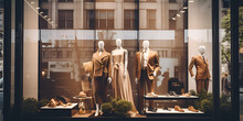 Luxury Clothing Fashion Shop With Mannequins, Elegant Clothing Collection Displayed In Modern Boutique Window Shopping. Generative Ai