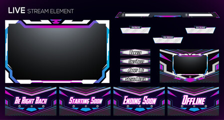 Wall Mural - live gaming stream purple and blue neon set of overlay, facecam, panel and background element design