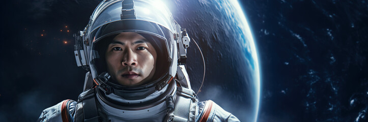 Wall Mural - asian astronaut in protective suit explores space