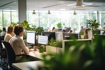 a modern office with many plants