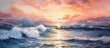 The artist skillfully painted a colorful watercolor landscape capturing the vibrant texture of nature with broad strokes on paper depicting a stunning sunrise over the sea where the waves da