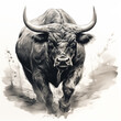 Bull head with big horns in grunge style. Illustration for your design. bull on white background, digital painting, sketch.