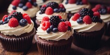 Chocolate Cupcakes With Cream Cheese Frosting And Fresh Berries, Lovely And Delicious Dessert Snack Background.