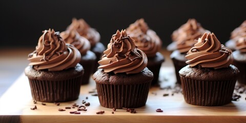 Wall Mural - Dark chocolate cupcakes with chocolate frosting on dark wooden background, delicious homemade cupcakes.