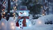 Happy snow man light ornament standing outdoor on home front yard in snowy fairy light shiny background with copy space.
