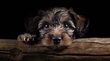 Close Up Of An Adorable Puppy Dog Looks Through Wooden Fence Post With Wet Nose Isolated On Black Background.