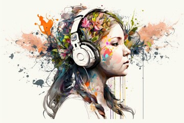 Wall Mural - Colorful portrait of a beautiful girl listening to music with headphones