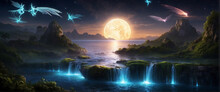 An Awe-inspiring Scene Of A Floating, Bioluminescent Island Where Majestic Winged Creatures Soar Through The Sky, And Waterfalls Of Liquid Stardust Cascade Into Pools Of Shimmering Moonlight - AI Gene