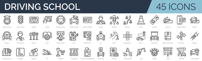 Set of 45 outline icons related to driving school. Linear icon collection. Editable stroke. Vector illustration