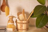 Fototapeta  -  Eco-friendly accessories natural cleaning products , bamboo dish brushes. No plastic, green lifestyle.The concept of cleaning the kitchen zero waste.
