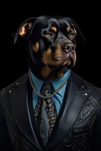 Dog Rottweiler Dressed In An Elegant Suit With A Nice Tie. Fashion Portrait Of An Anthropomorphic Animal Posing With A Charismatic Human Attitude