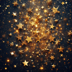 Poster - background of gold stars, sparkling, gold foil texture. background with dark blue and gold particles. particles of gold light shine with bokeh on navy background. New Year, Christmas concept