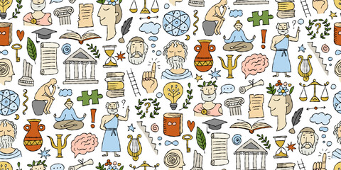 Fototapete - Philosophy concept art, hand-drawn philosophers and elements. Seamless pattern background for your design in flat style