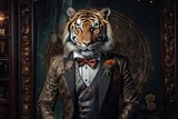 Fototapeta  - Tiger dressed in an elegant modern suit with a nice tie. Fashion portrait of an anthropomorphic animal, feline, posing with a charismatic human attitude
