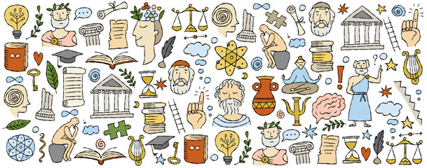 Fototapete - Philosophy concept art, hand-drawn philosophers and elements. Horizontal banner, background for your design in flat style