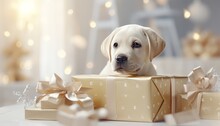 Adorable Labrador Puppy In Gift Box With Festive Holiday Backdrop And Copy Space For Text Placement