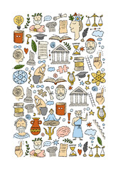 Fototapete - Philosophy concept art, hand-drawn philosophers and elements. Vertical card, background for your design in flat style