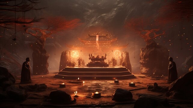Holy temple where chinese people are praying at night Ai generated illustration