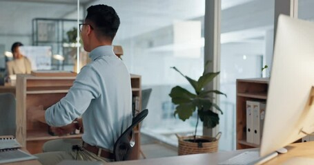 Canvas Print - Computer, success and a business asian man in celebration of a target, goal or deal at his workplace. Winner, wow or promotion bonus with an excited young employee spinning in a chair at the office