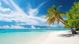 Fototapeta Sypialnia - Beautiful palm tree on tropical island beach on background blue sky with white clouds and turquoise ocean on sunny day 