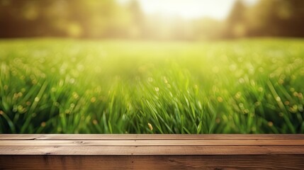 Wall Mural - beautiful natural background with flooring from old wooden boards and young green juicy grass in the sun with beautiful bokeh