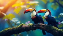 Vibrant Toucan Birds On Branch In Lush Forest, With Blurred Green Vegetation Backdrop