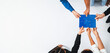© Summit Art Creations - Top view panorama banner of business team joining jigsaw puzzle together over meeting table symbolize business partnership and collective unity teamwork in problem solving solution. Prudent